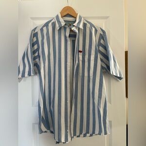 Perlis Blue and White Striped Short Sleeve Crawfish Logo Shirt, Men’s Large